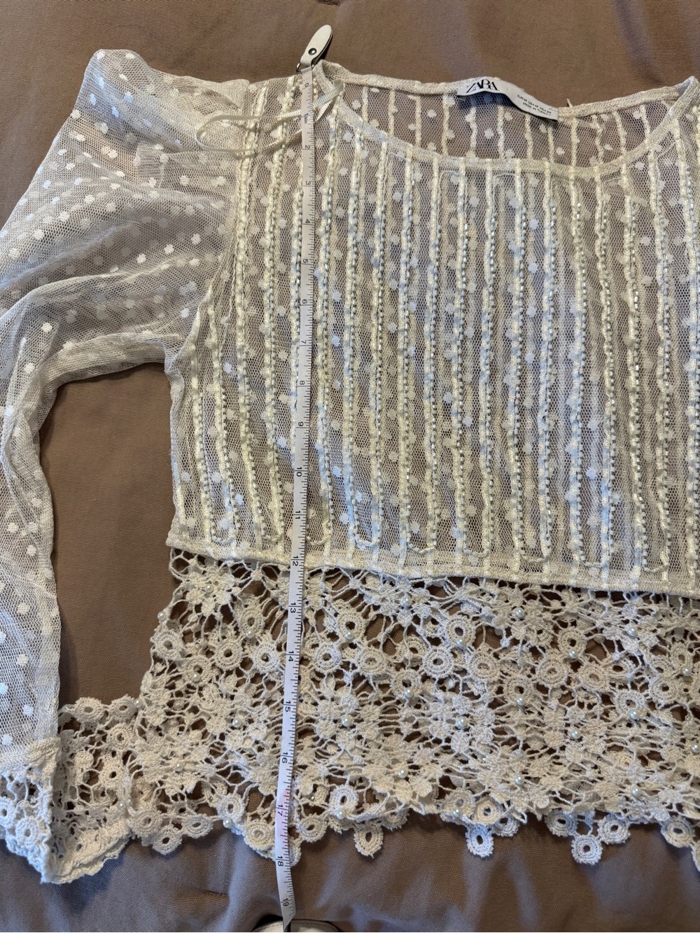 Zara Ivory Dotted Mesh Lace-Trim Long Sleeve Blouse - Picture 6 of 7